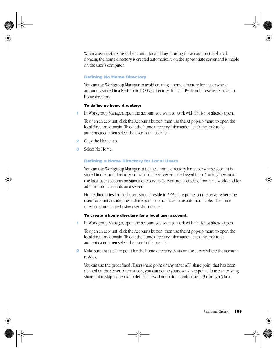 Defining no home directory, Defining a home directory for local users | Apple Mac OS X Server (version 10.2.3 or later) User Manual | Page 155 / 690