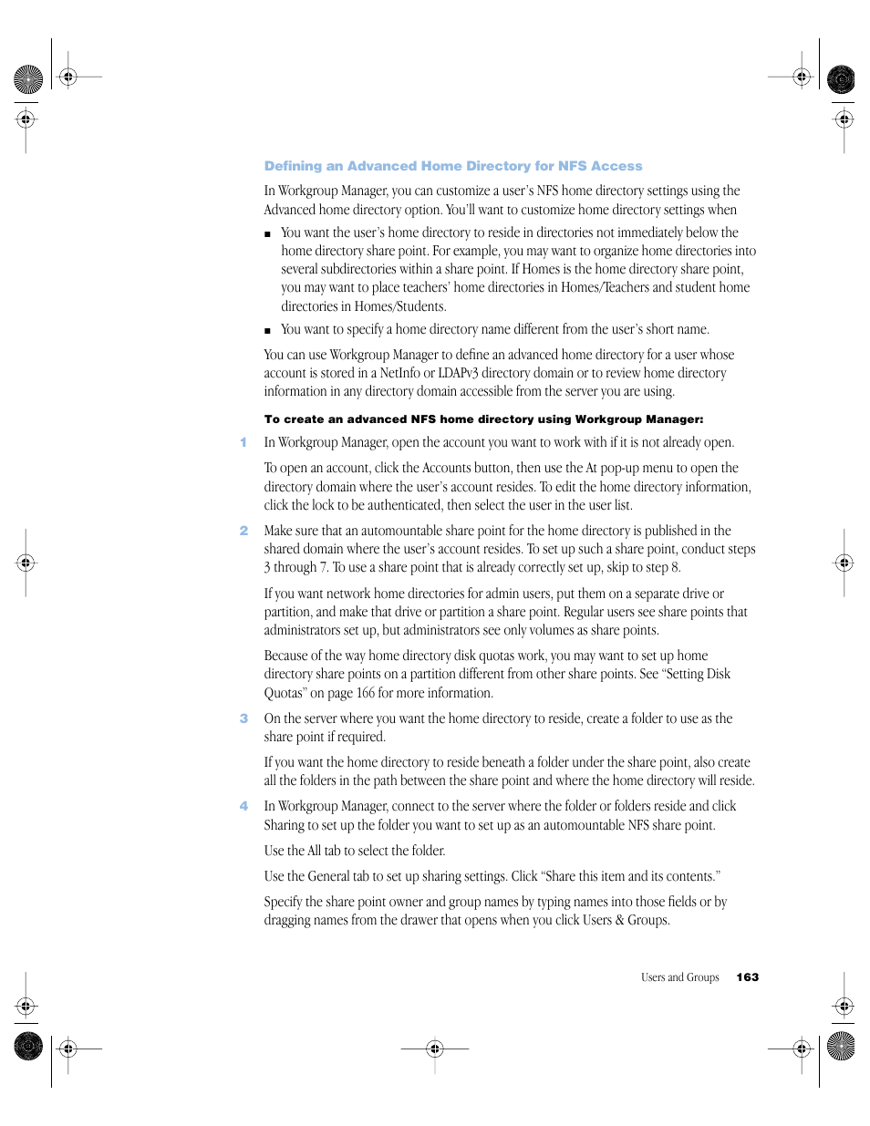 Defining an advanced home directory for nfs access | Apple Mac OS X Server (version 10.2.3 or later) User Manual | Page 163 / 690