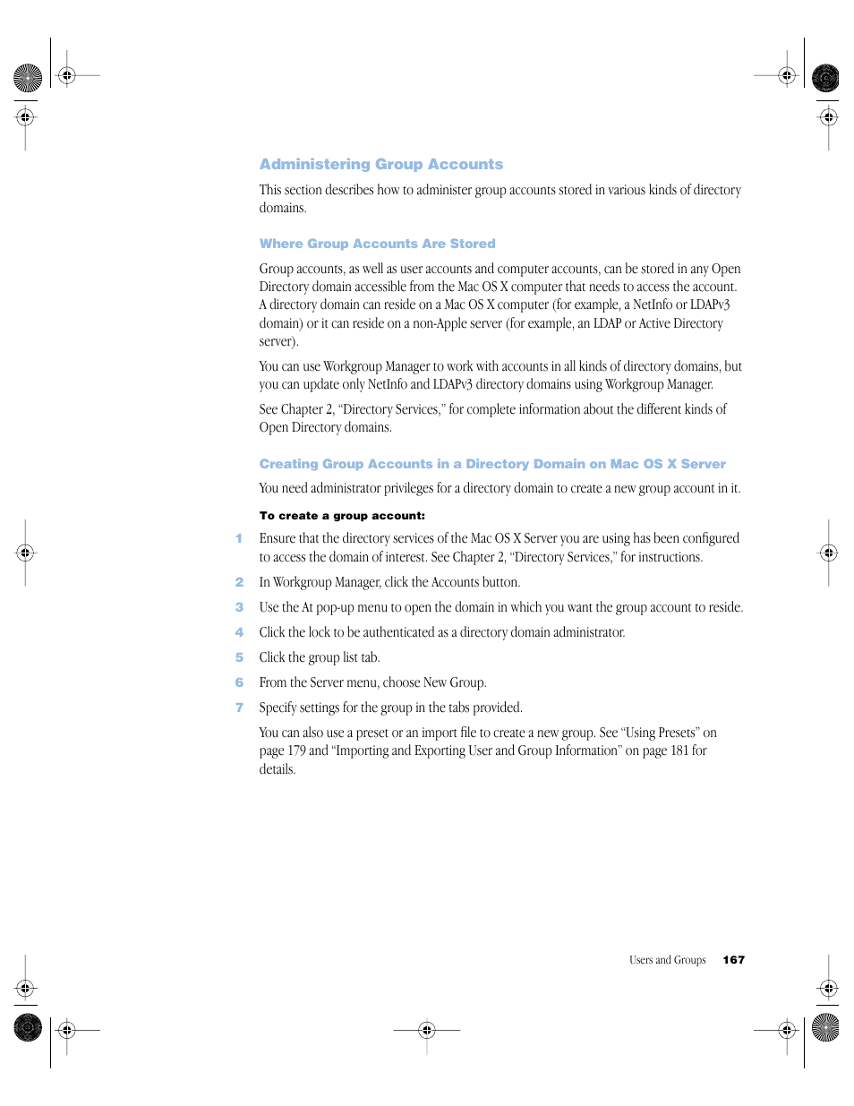 Administering group accounts, Where group accounts are stored, Administering group accounts 167 | Apple Mac OS X Server (version 10.2.3 or later) User Manual | Page 167 / 690