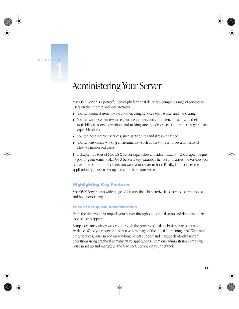Administering your server, Highlighting key features, Ease of setup and administration | Administering your server 17, Highlighting key features 17 | Apple Mac OS X Server (version 10.2.3 or later) User Manual | Page 17 / 690