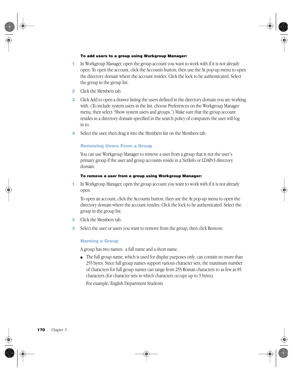 Removing users from a group, Naming a group | Apple Mac OS X Server (version 10.2.3 or later) User Manual | Page 170 / 690