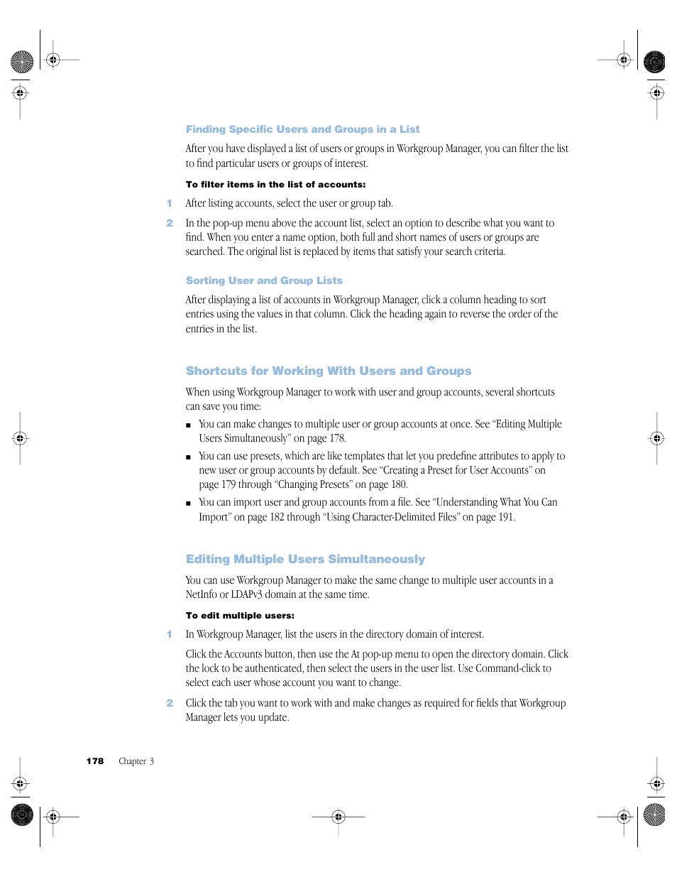 Finding specific users and groups in a list, Sorting user and group lists, Shortcuts for working with users and groups | Editing multiple users simultaneously, Shortcuts for working with users and groups 178, Editing multiple users simultaneously 178 | Apple Mac OS X Server (version 10.2.3 or later) User Manual | Page 178 / 690