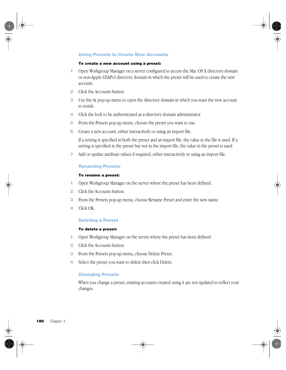 Using presets to create new accounts, Renaming presets, Deleting a preset | Changing presets | Apple Mac OS X Server (version 10.2.3 or later) User Manual | Page 180 / 690
