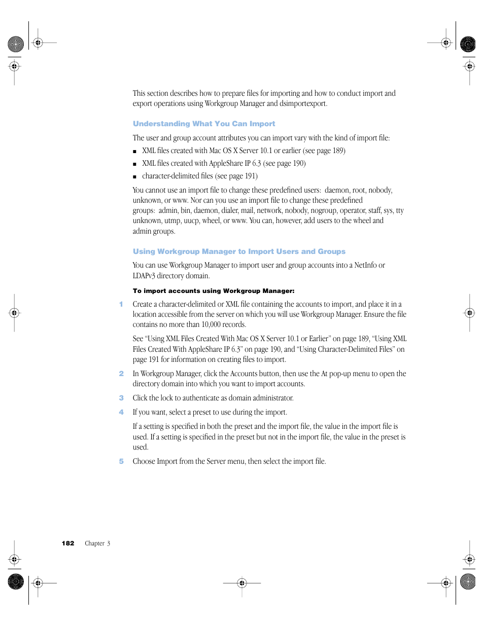 Understanding what you can import, Using workgroup manager to import users and groups | Apple Mac OS X Server (version 10.2.3 or later) User Manual | Page 182 / 690