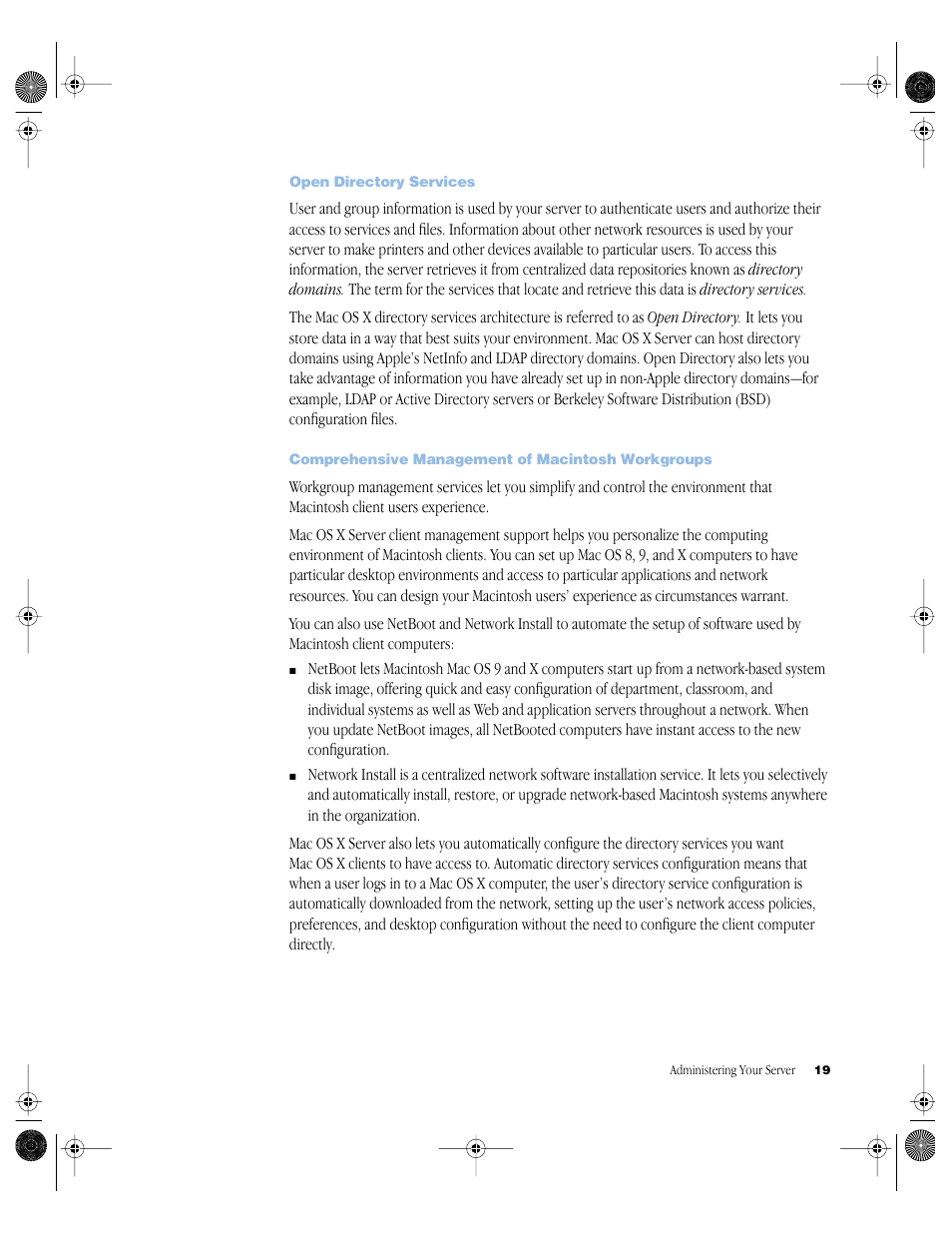 Open directory services, Comprehensive management of macintosh workgroups | Apple Mac OS X Server (version 10.2.3 or later) User Manual | Page 19 / 690