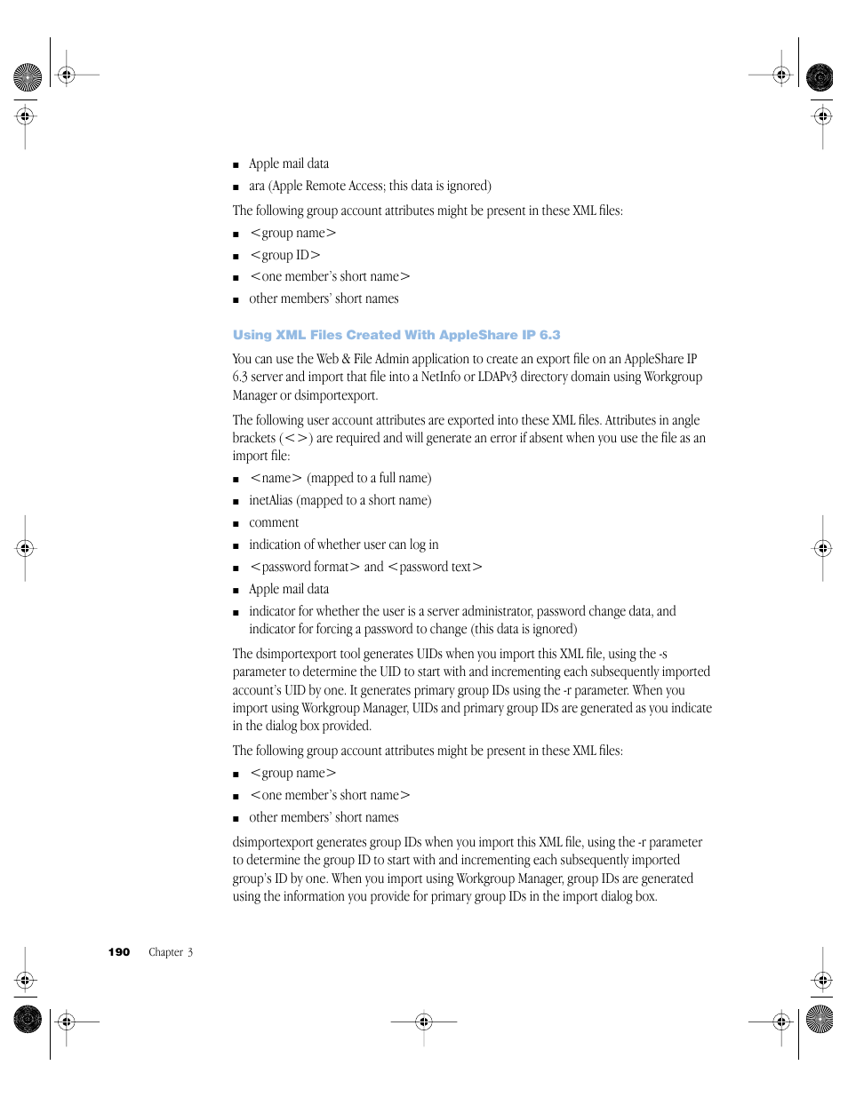 Using xml files created with appleshare ip 6.3 | Apple Mac OS X Server (version 10.2.3 or later) User Manual | Page 190 / 690