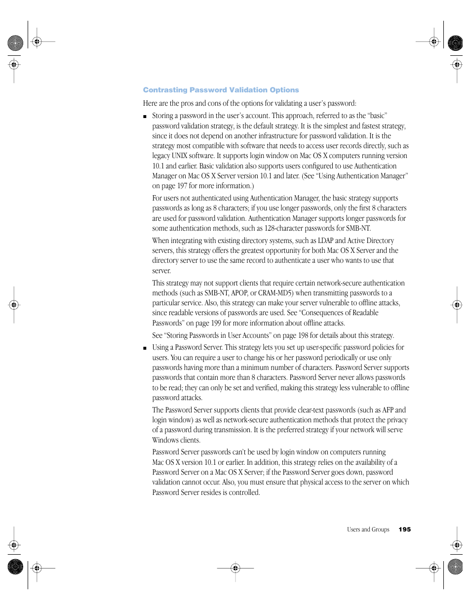 Contrasting password validation options | Apple Mac OS X Server (version 10.2.3 or later) User Manual | Page 195 / 690