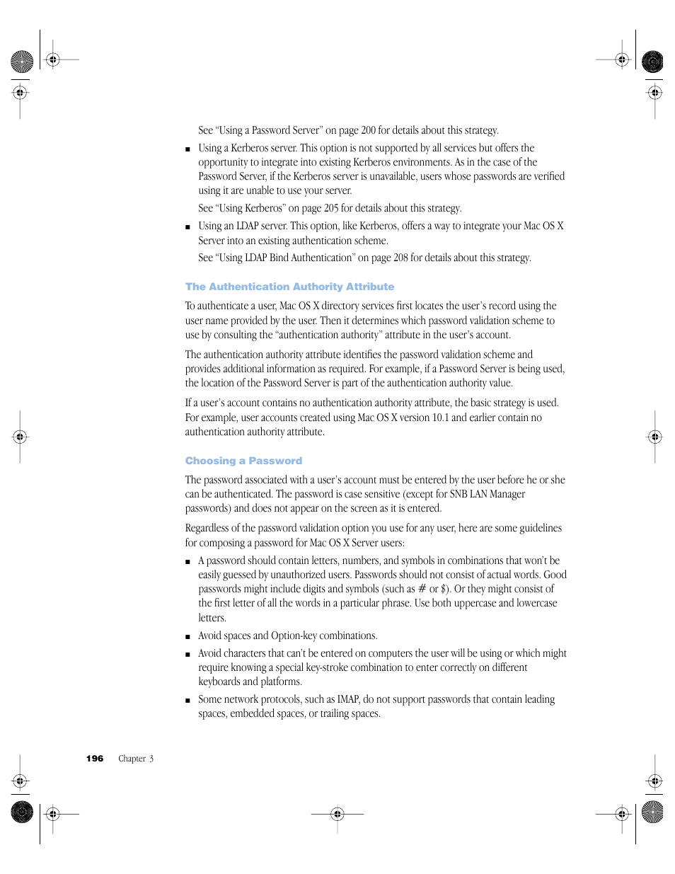 The authentication authority attribute, Choosing a password | Apple Mac OS X Server (version 10.2.3 or later) User Manual | Page 196 / 690