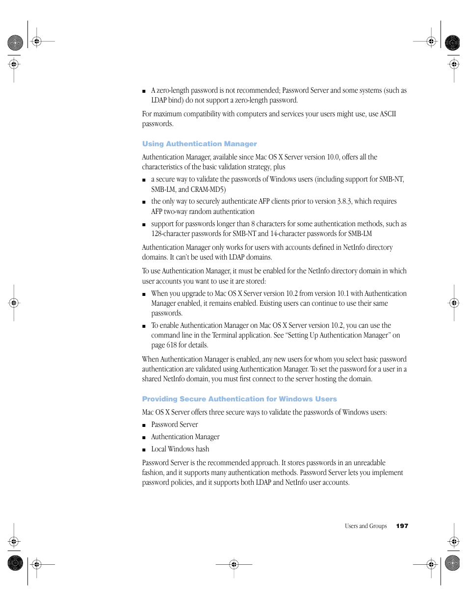 Using authentication manager, Providing secure authentication for windows users | Apple Mac OS X Server (version 10.2.3 or later) User Manual | Page 197 / 690