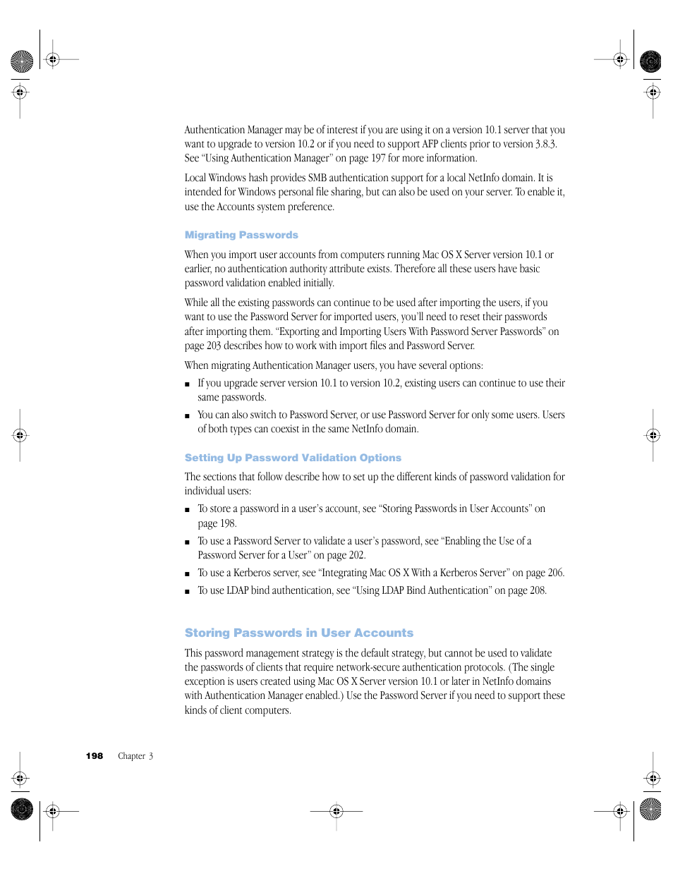Migrating passwords, Setting up password validation options, Storing passwords in user accounts | Storing passwords in user accounts 198 | Apple Mac OS X Server (version 10.2.3 or later) User Manual | Page 198 / 690