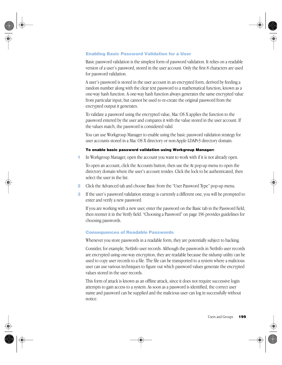Enabling basic password validation for a user, Consequences of readable passwords | Apple Mac OS X Server (version 10.2.3 or later) User Manual | Page 199 / 690