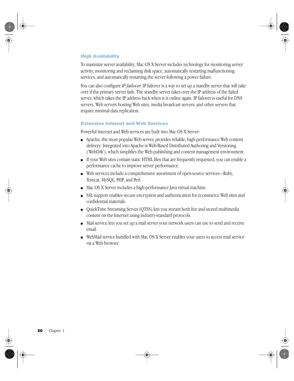 High availability, Extensive internet and web services | Apple Mac OS X Server (version 10.2.3 or later) User Manual | Page 20 / 690