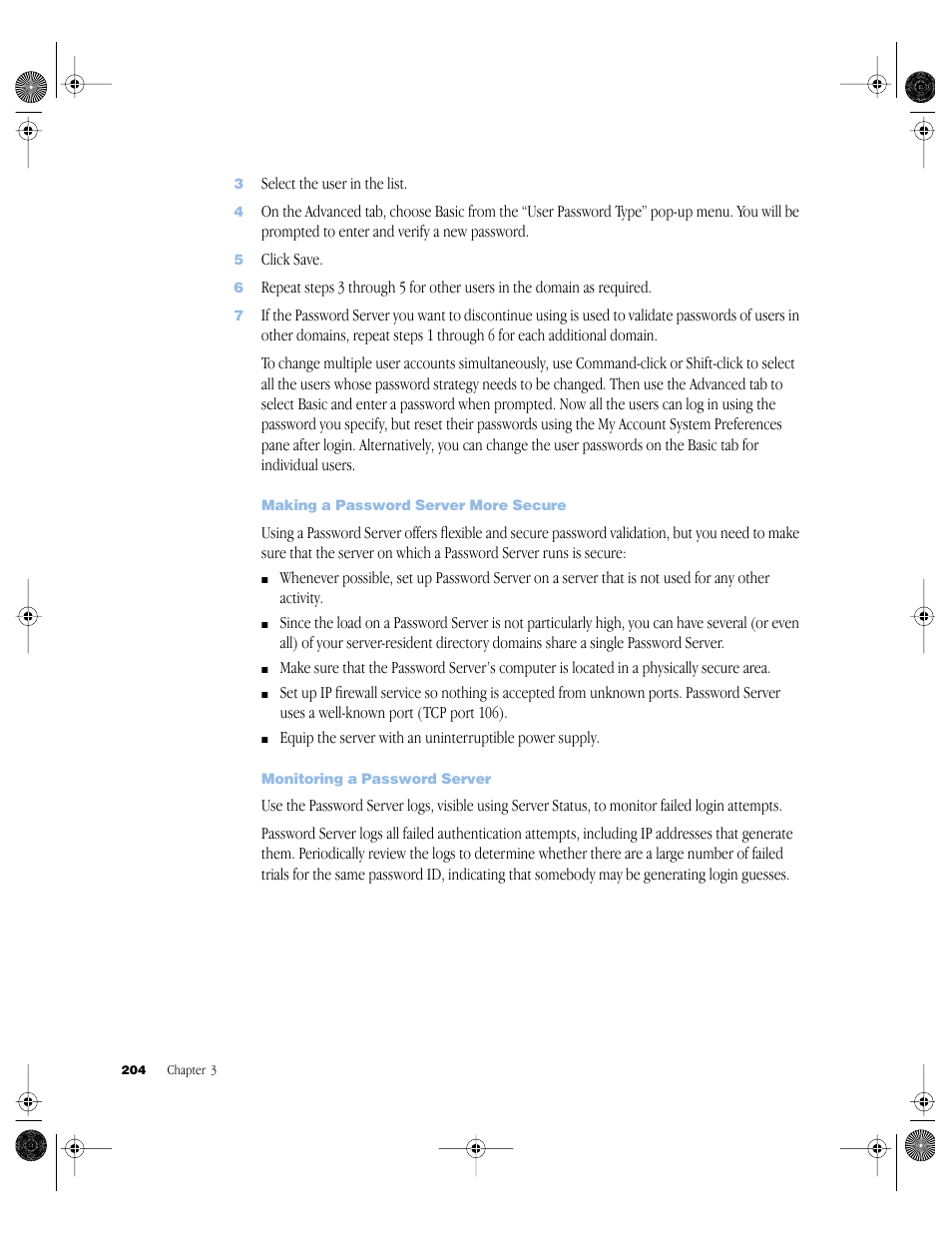 Making a password server more secure, Monitoring a password server | Apple Mac OS X Server (version 10.2.3 or later) User Manual | Page 204 / 690