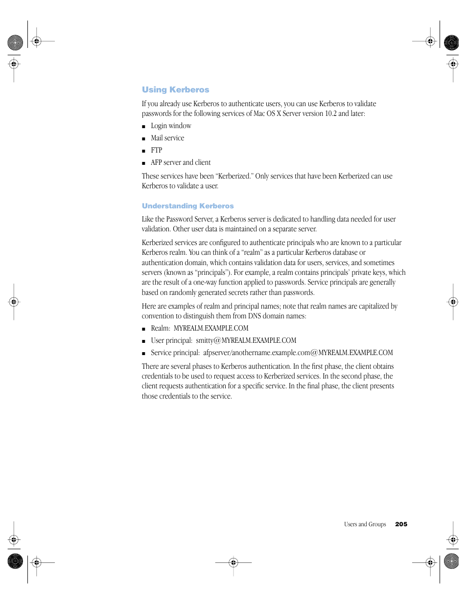 Using kerberos, Understanding kerberos, Using kerberos 205 | Apple Mac OS X Server (version 10.2.3 or later) User Manual | Page 205 / 690