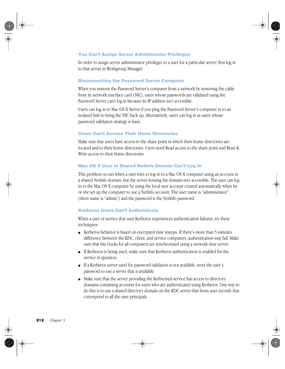 You can’t assign server administrator privileges, Disconnecting the password server computer, Users can’t access their home directories | Kerberos users can’t authenticate | Apple Mac OS X Server (version 10.2.3 or later) User Manual | Page 212 / 690