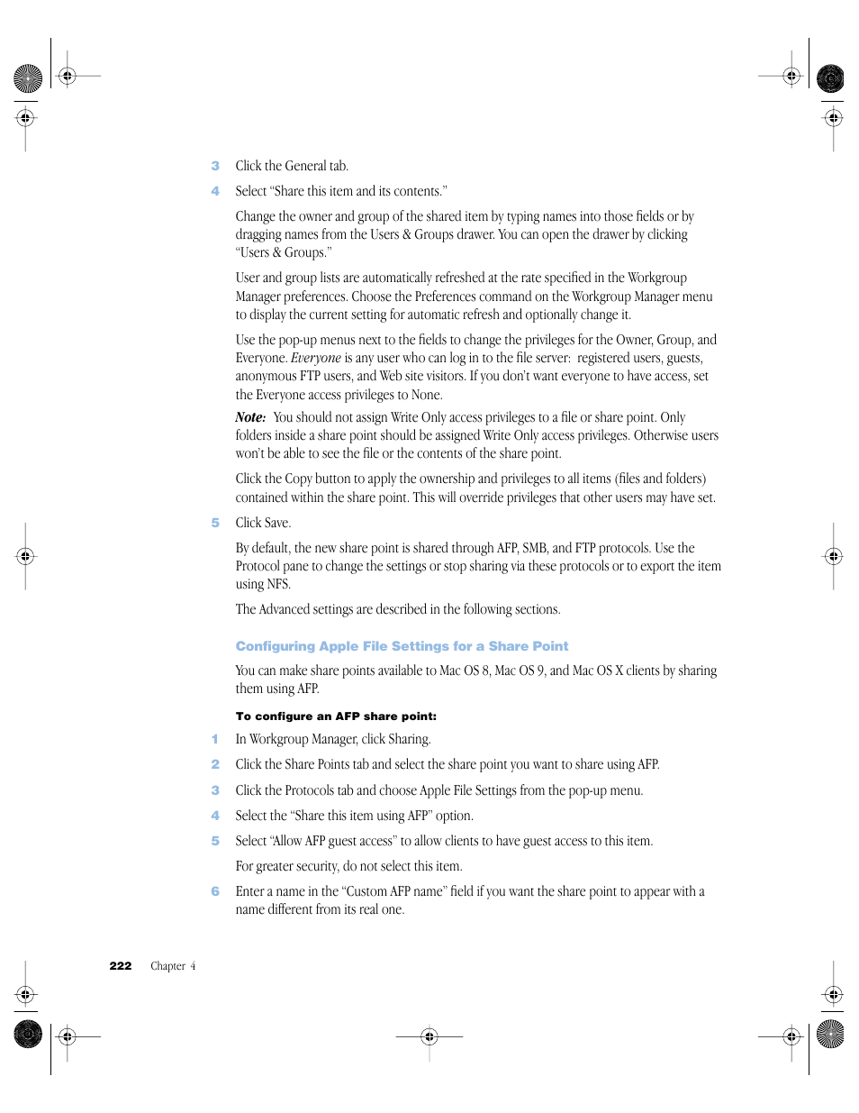 Configuring apple file settings for a share point | Apple Mac OS X Server (version 10.2.3 or later) User Manual | Page 222 / 690
