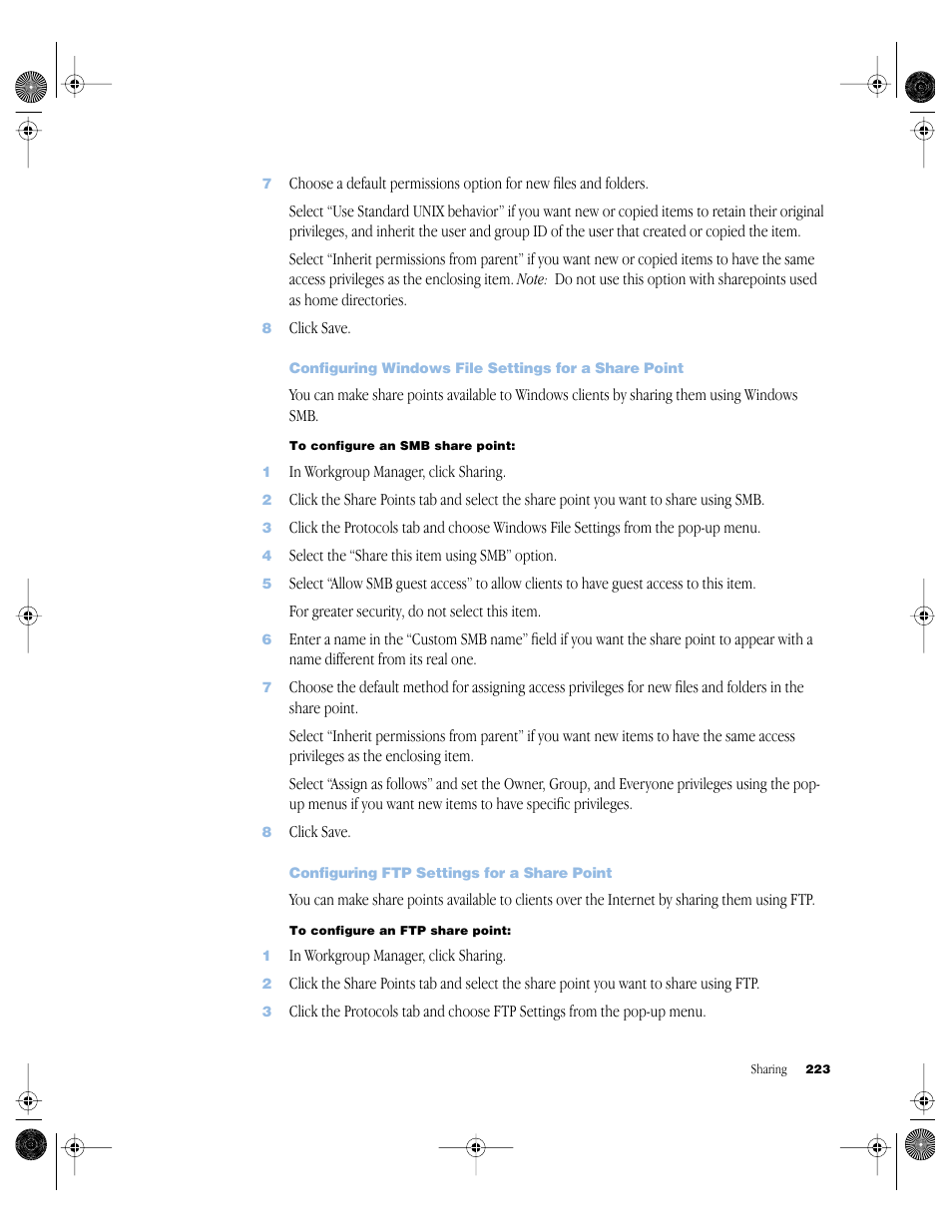 Configuring ftp settings for a share point | Apple Mac OS X Server (version 10.2.3 or later) User Manual | Page 223 / 690