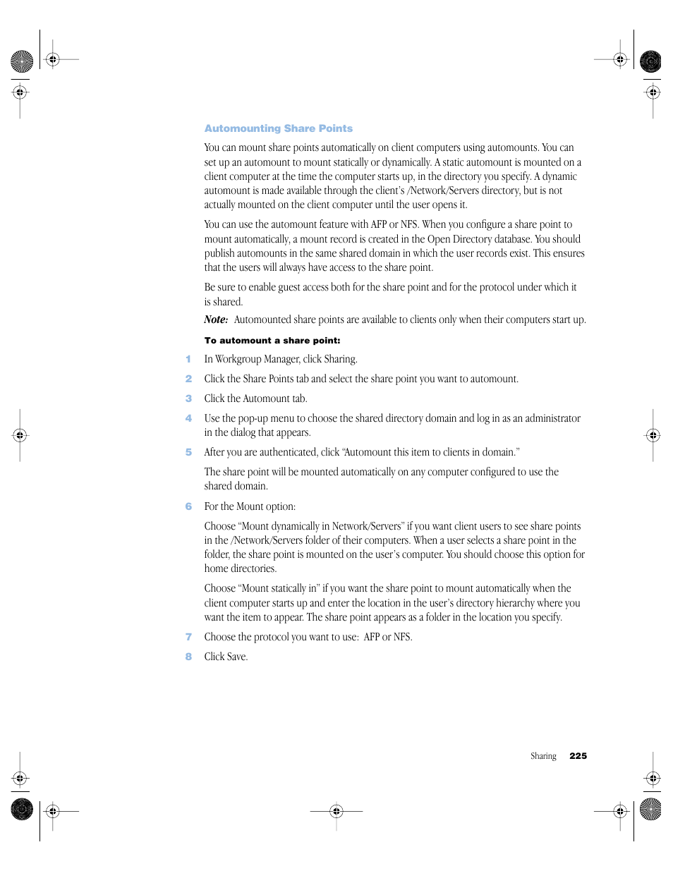 Automounting share points | Apple Mac OS X Server (version 10.2.3 or later) User Manual | Page 225 / 690
