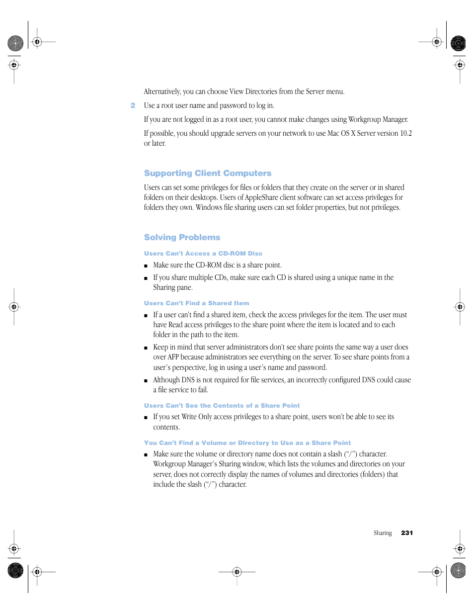 Supporting client computers, Solving problems, Supporting client computers 231 | Solving problems 231 | Apple Mac OS X Server (version 10.2.3 or later) User Manual | Page 231 / 690