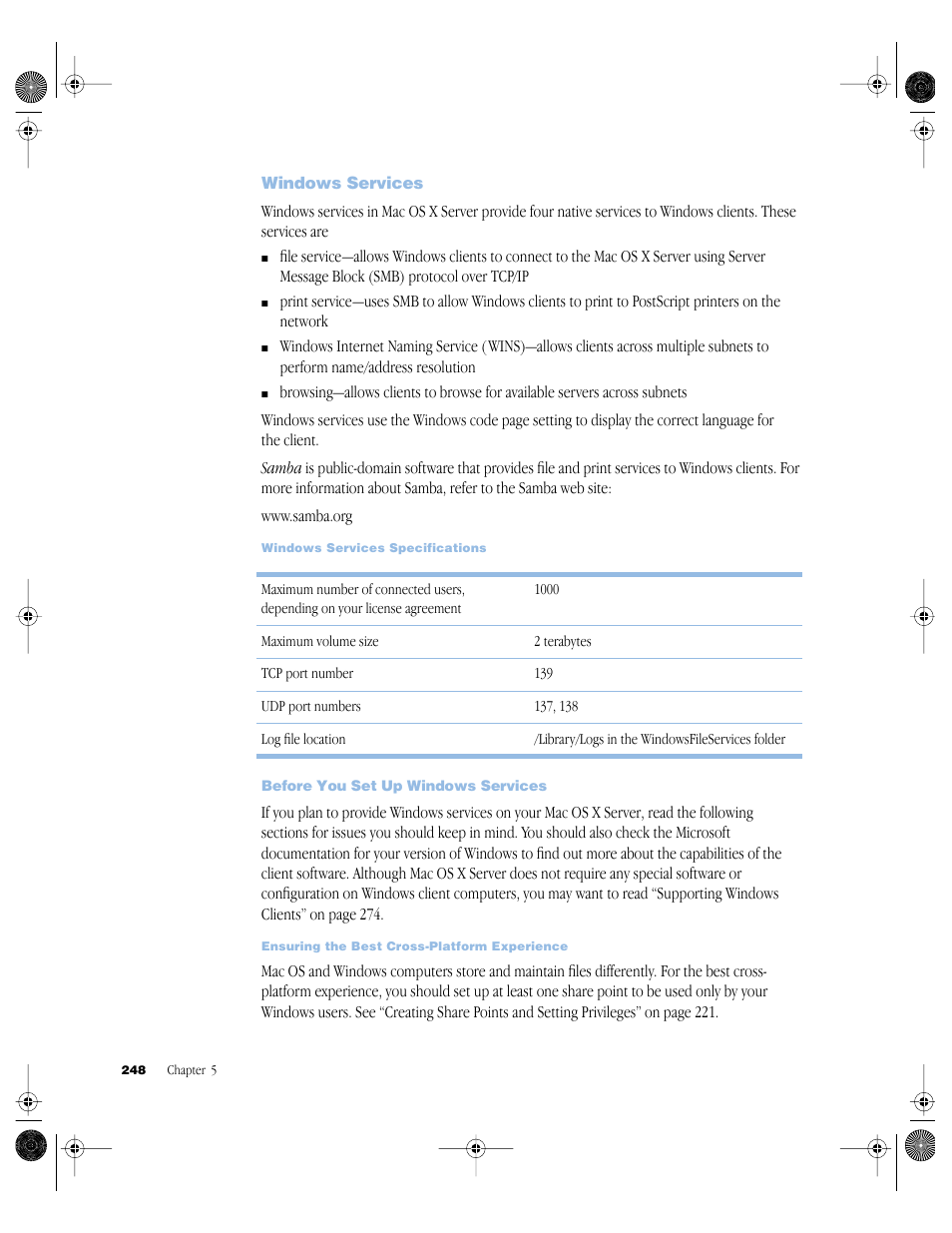 Windows services, Before you set up windows services, Windows services 248 | Apple Mac OS X Server (version 10.2.3 or later) User Manual | Page 248 / 690
