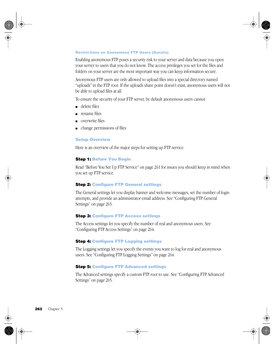 Setup overview, Step 1: before you begin, Step 2: configure ftp general settings | Step 3: configure ftp access settings, Step 4: configure ftp logging settings, Step 5: configure ftp advanced settings | Apple Mac OS X Server (version 10.2.3 or later) User Manual | Page 262 / 690