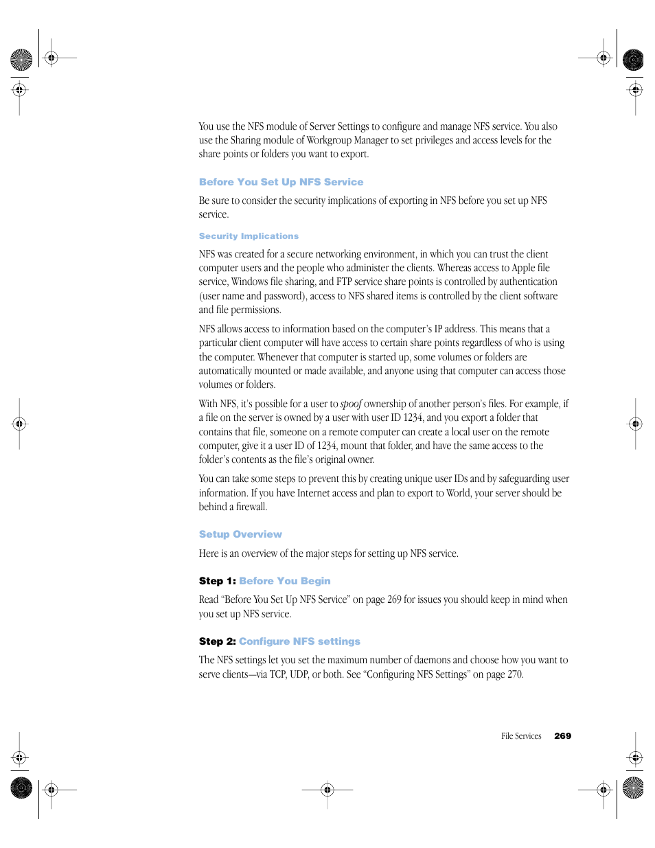 Before you set up nfs service, Setup overview, Step 1: before you begin | Step 2: configure nfs settings | Apple Mac OS X Server (version 10.2.3 or later) User Manual | Page 269 / 690