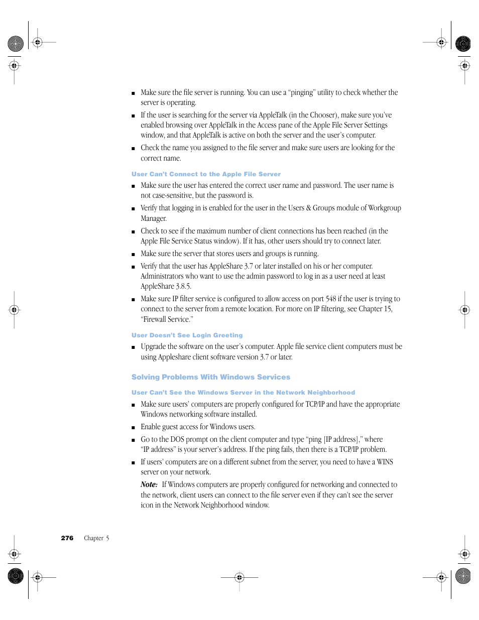 Solving problems with windows services | Apple Mac OS X Server (version 10.2.3 or later) User Manual | Page 276 / 690