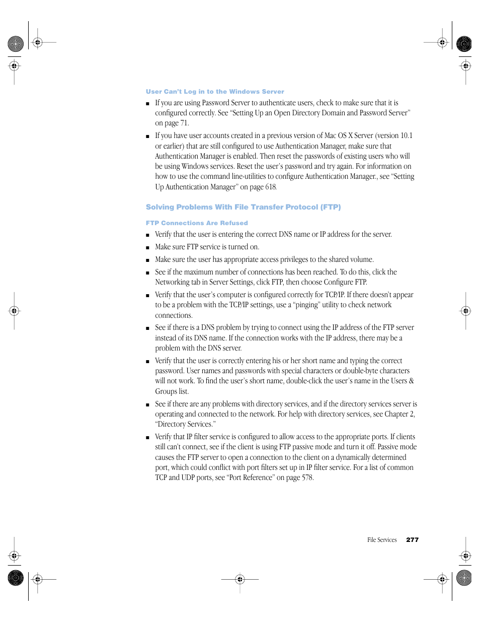 Solving problems with file transfer protocol (ftp) | Apple Mac OS X Server (version 10.2.3 or later) User Manual | Page 277 / 690