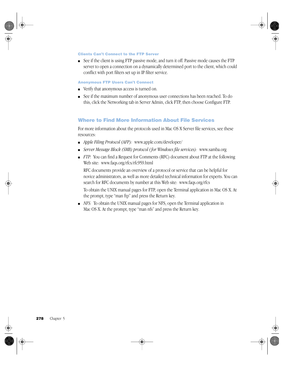 Where to find more information about file services | Apple Mac OS X Server (version 10.2.3 or later) User Manual | Page 278 / 690