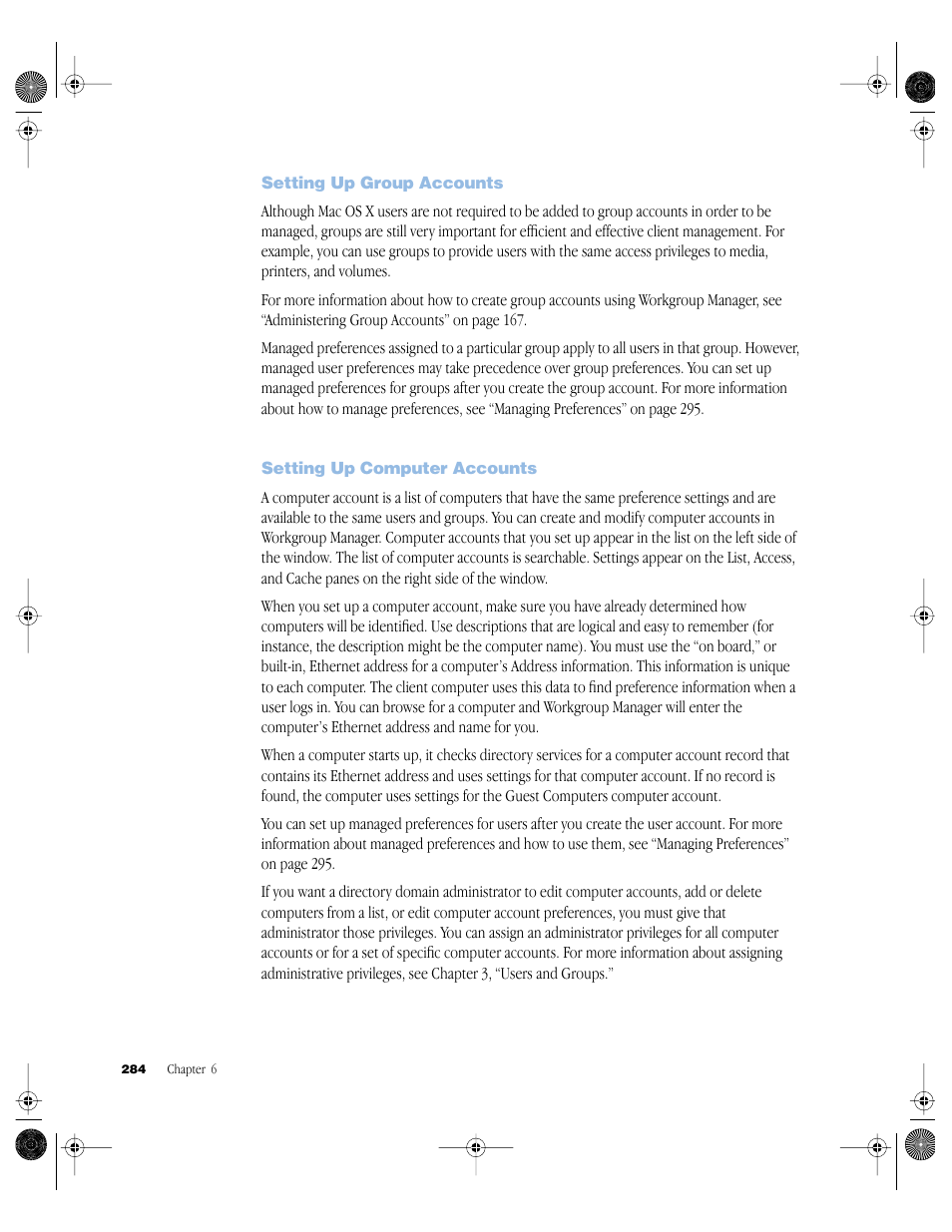 Setting up group accounts, Setting up computer accounts, Setting up group accounts 284 | Setting up computer accounts 284 | Apple Mac OS X Server (version 10.2.3 or later) User Manual | Page 284 / 690
