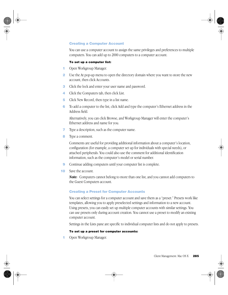 Creating a computer account, Creating a preset for computer accounts | Apple Mac OS X Server (version 10.2.3 or later) User Manual | Page 285 / 690