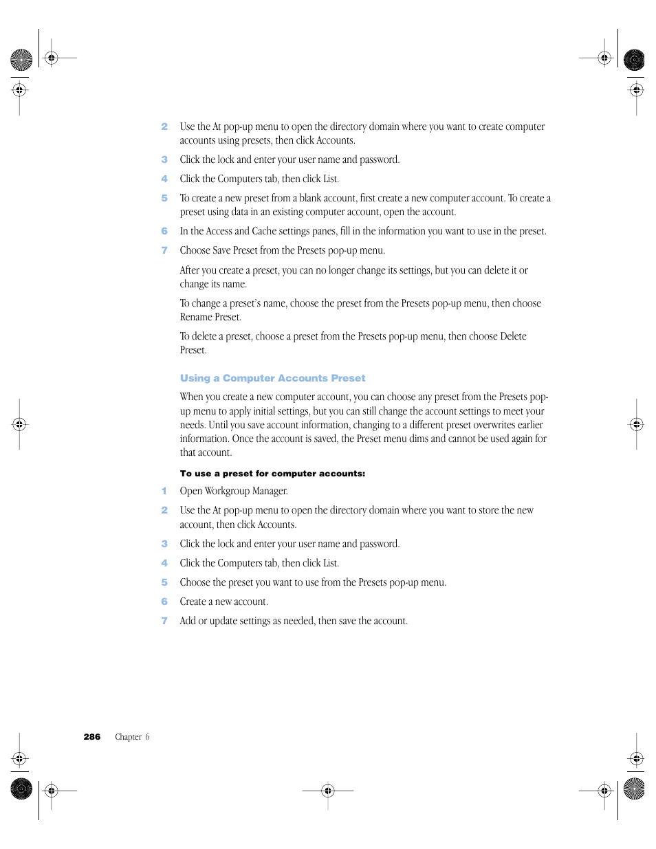 Using a computer accounts preset | Apple Mac OS X Server (version 10.2.3 or later) User Manual | Page 286 / 690