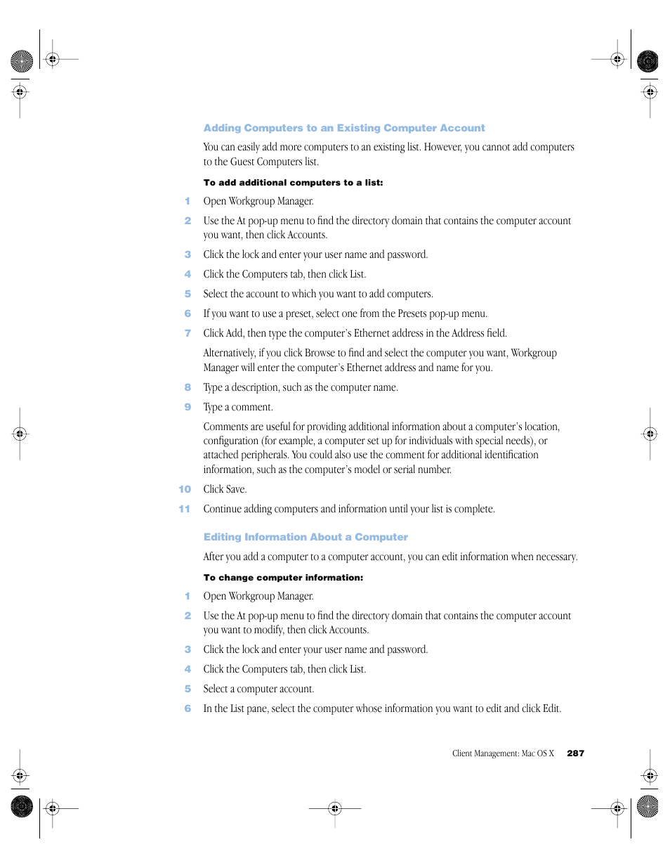 Adding computers to an existing computer account, Editing information about a computer | Apple Mac OS X Server (version 10.2.3 or later) User Manual | Page 287 / 690