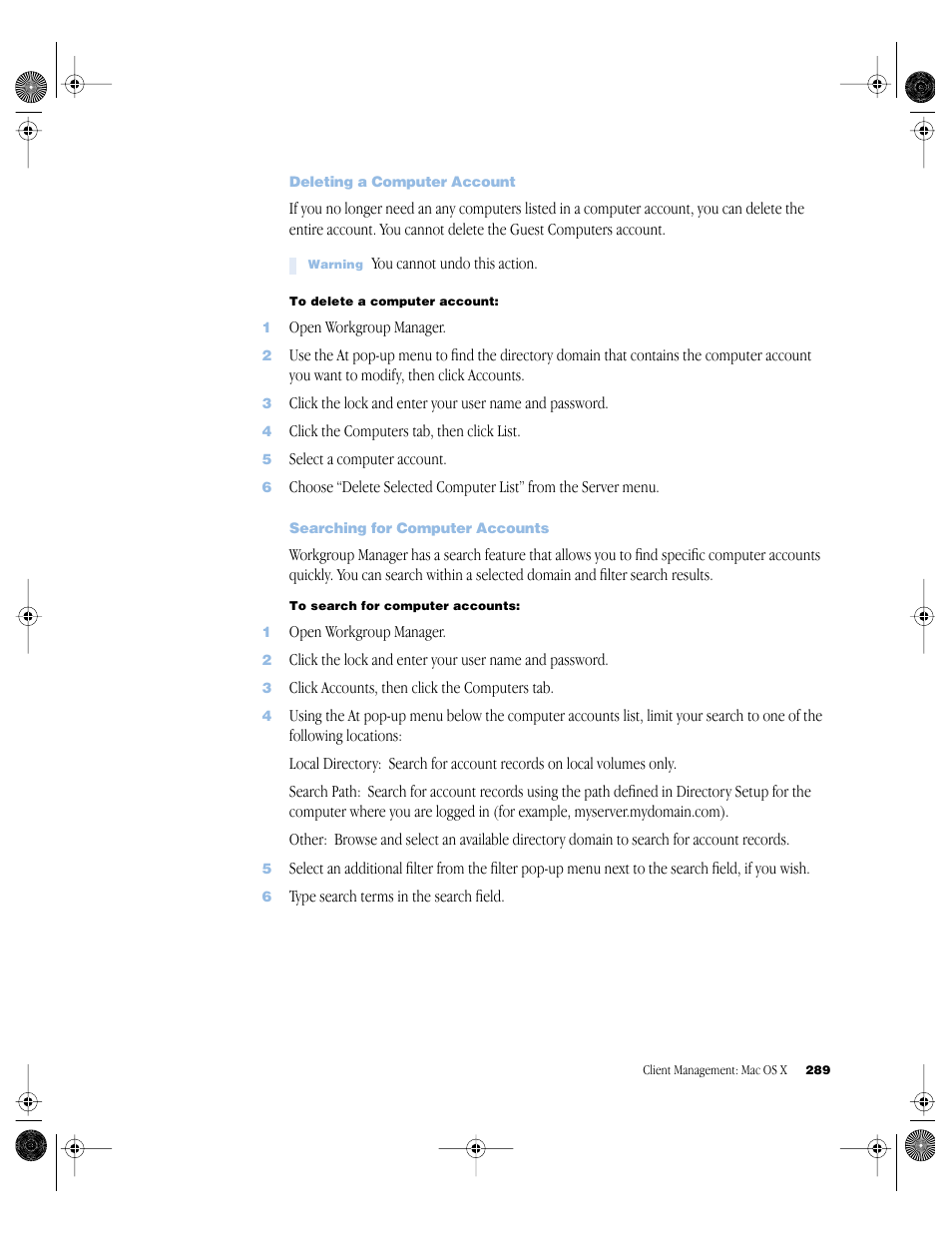 Deleting a computer account, Searching for computer accounts | Apple Mac OS X Server (version 10.2.3 or later) User Manual | Page 289 / 690