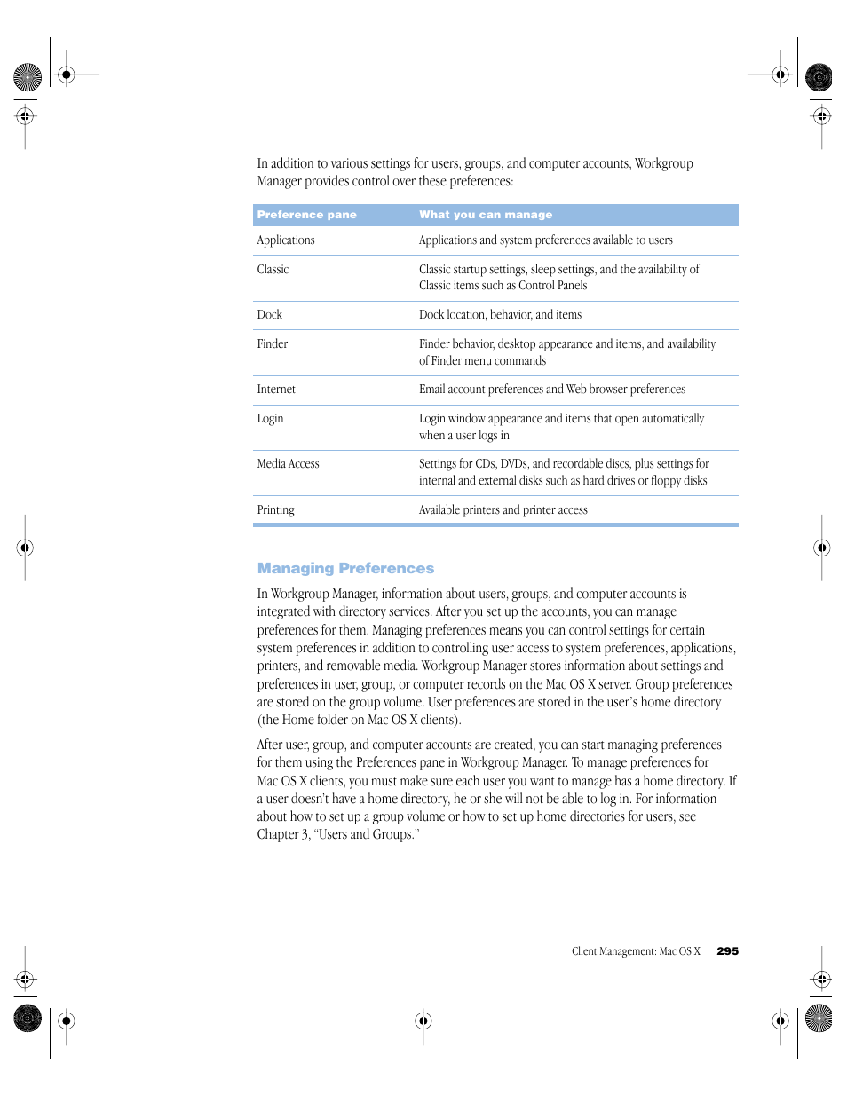 Managing preferences, Managing preferences 295 | Apple Mac OS X Server (version 10.2.3 or later) User Manual | Page 295 / 690