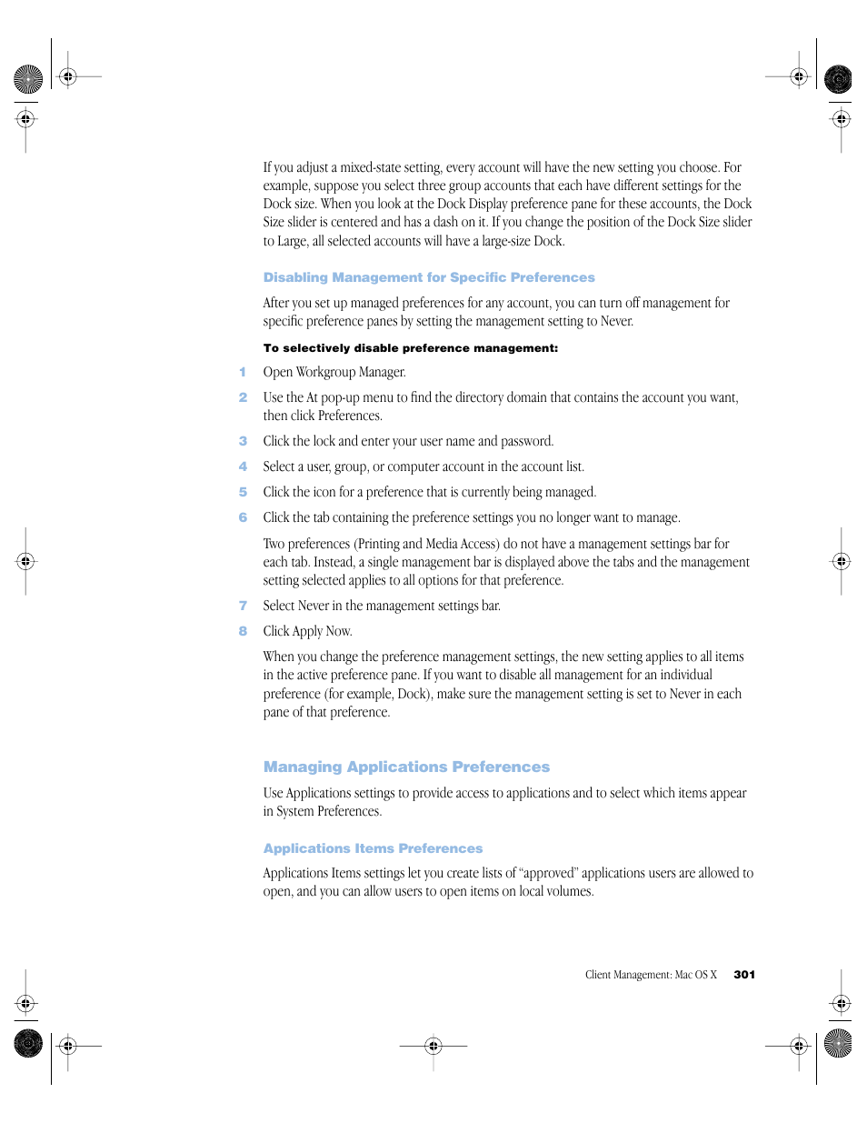 Disabling management for specific preferences, Managing applications preferences, Applications items preferences | Managing applications preferences 301 | Apple Mac OS X Server (version 10.2.3 or later) User Manual | Page 301 / 690