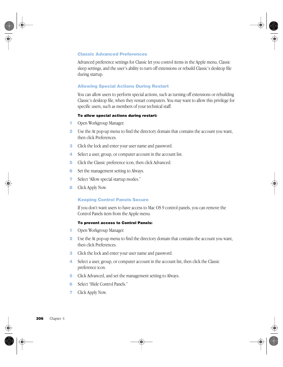 Classic advanced preferences, Allowing special actions during restart, Keeping control panels secure | Apple Mac OS X Server (version 10.2.3 or later) User Manual | Page 306 / 690