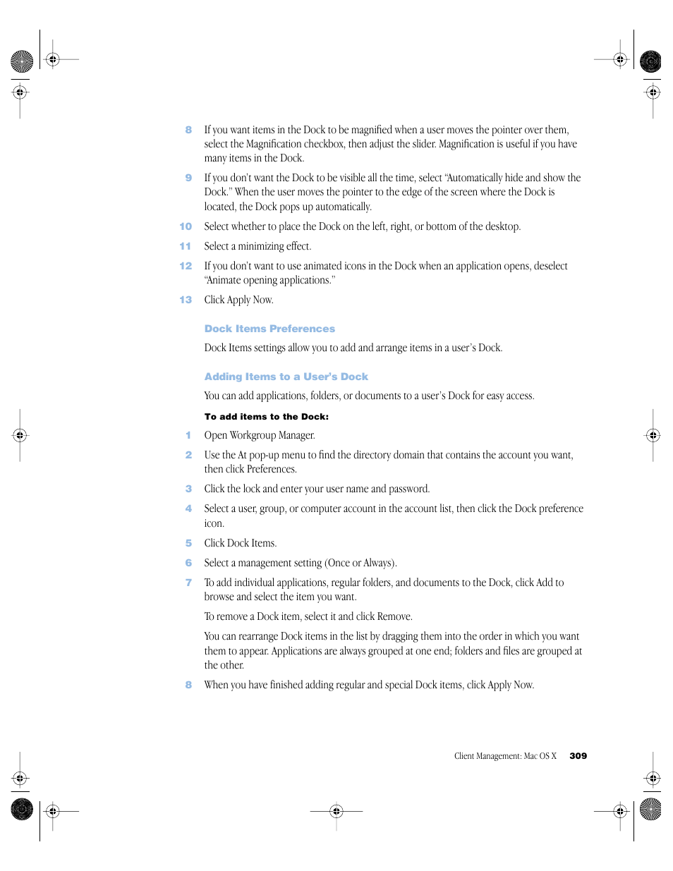 Dock items preferences, Adding items to a user’s dock | Apple Mac OS X Server (version 10.2.3 or later) User Manual | Page 309 / 690