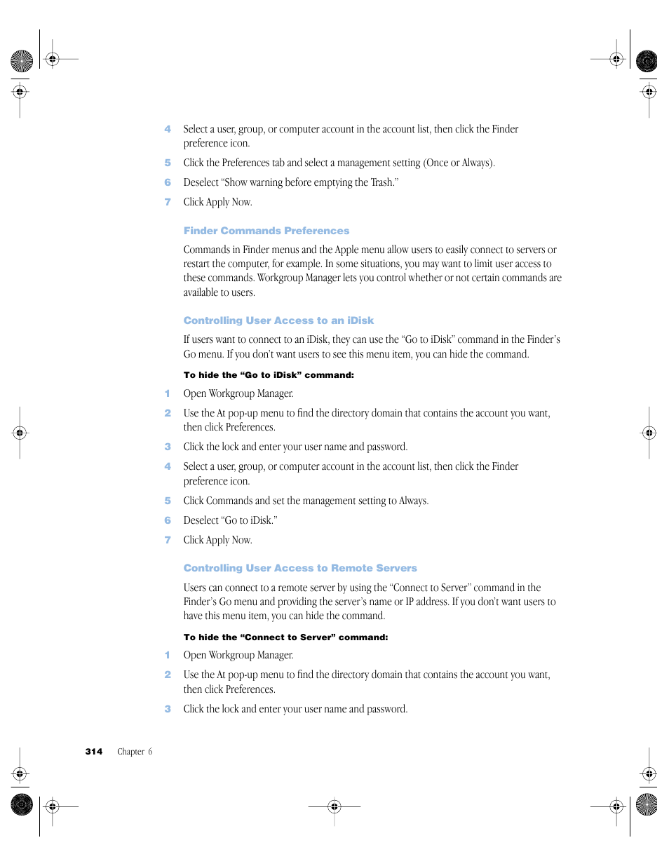 Finder commands preferences, Controlling user access to an idisk, Controlling user access to remote servers | Apple Mac OS X Server (version 10.2.3 or later) User Manual | Page 314 / 690