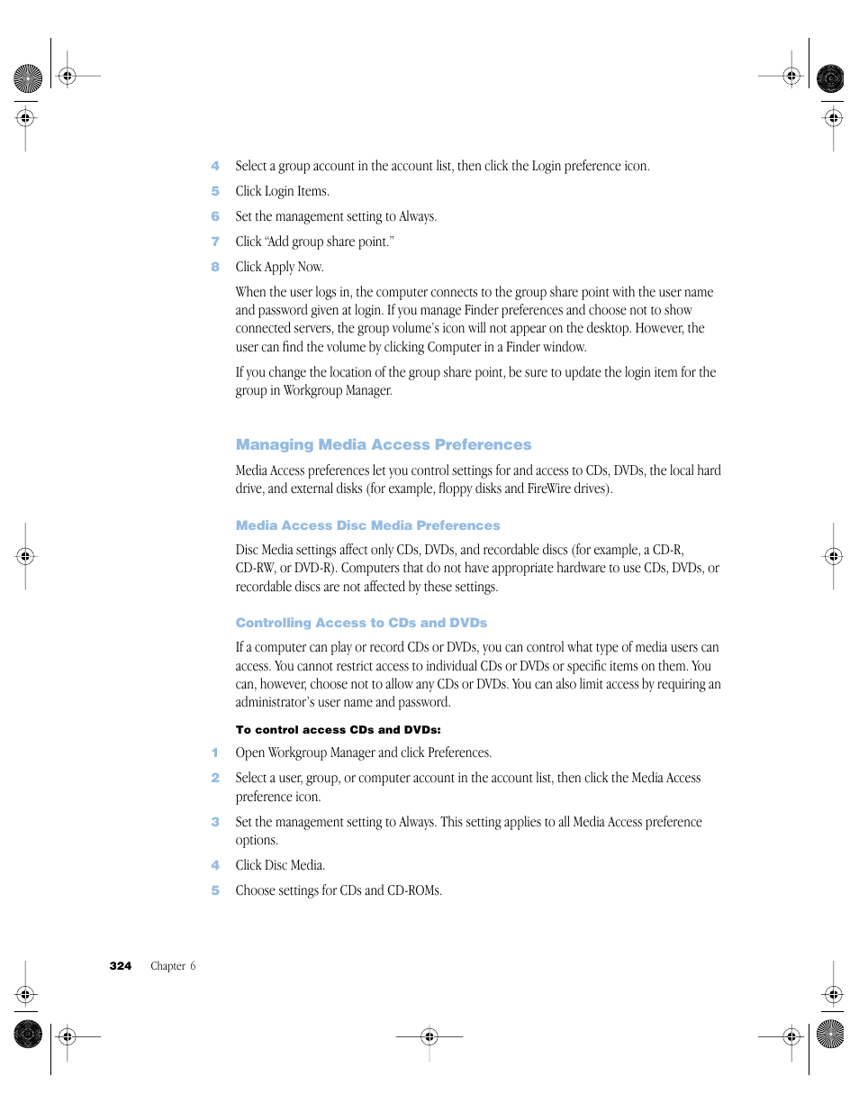 Managing media access preferences, Media access disc media preferences, Controlling access to cds and dvds | Managing media access preferences 324 | Apple Mac OS X Server (version 10.2.3 or later) User Manual | Page 324 / 690