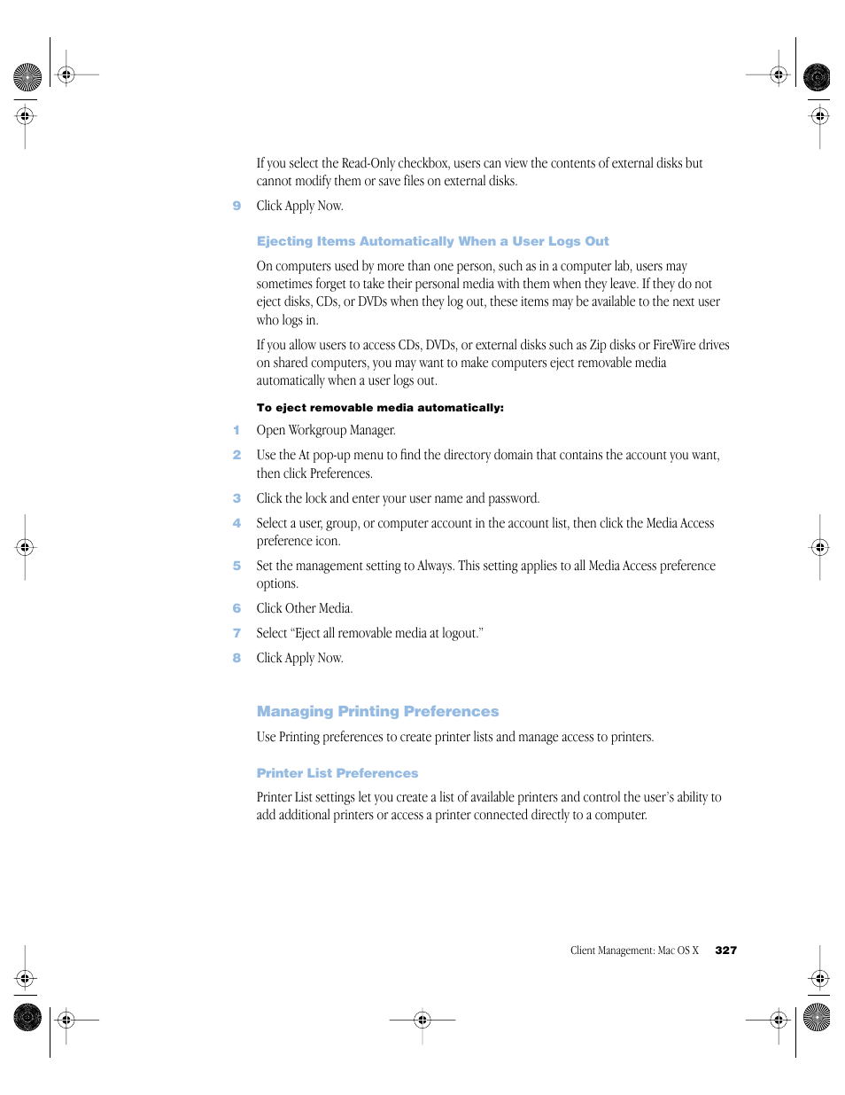 Ejecting items automatically when a user logs out, Managing printing preferences, Printer list preferences | Managing printing preferences 327 | Apple Mac OS X Server (version 10.2.3 or later) User Manual | Page 327 / 690