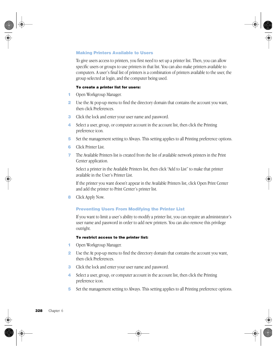 Making printers available to users, Preventing users from modifying the printer list | Apple Mac OS X Server (version 10.2.3 or later) User Manual | Page 328 / 690