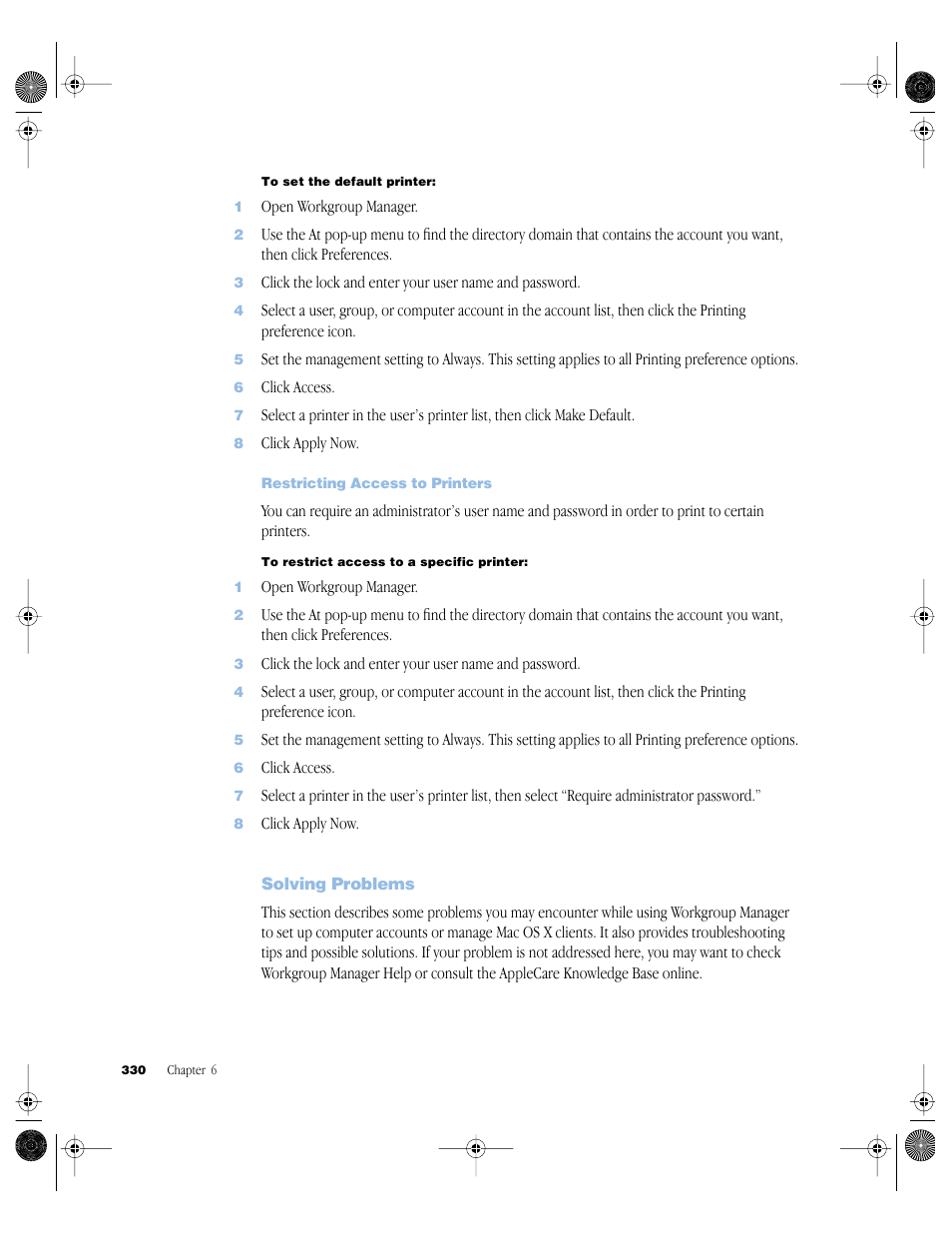 Restricting access to printers, Solving problems, Solving problems 330 | Apple Mac OS X Server (version 10.2.3 or later) User Manual | Page 330 / 690