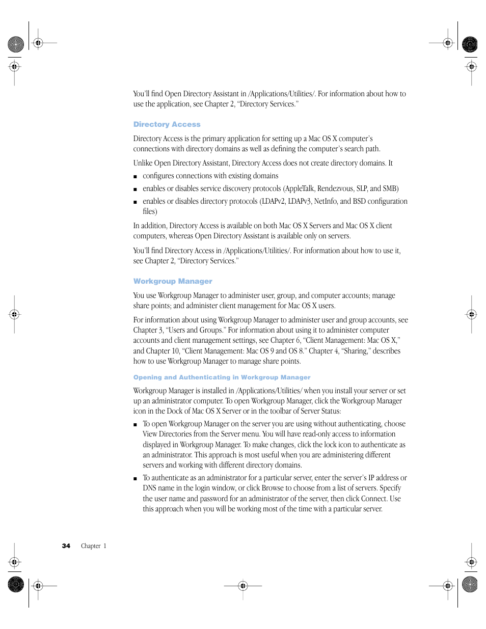Directory access, Workgroup manager | Apple Mac OS X Server (version 10.2.3 or later) User Manual | Page 34 / 690