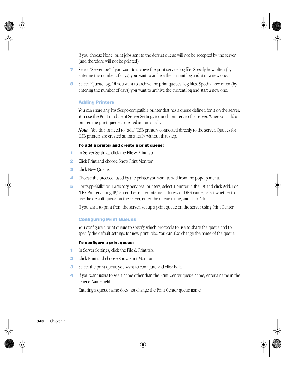 Adding printers, Configuring print queues | Apple Mac OS X Server (version 10.2.3 or later) User Manual | Page 340 / 690