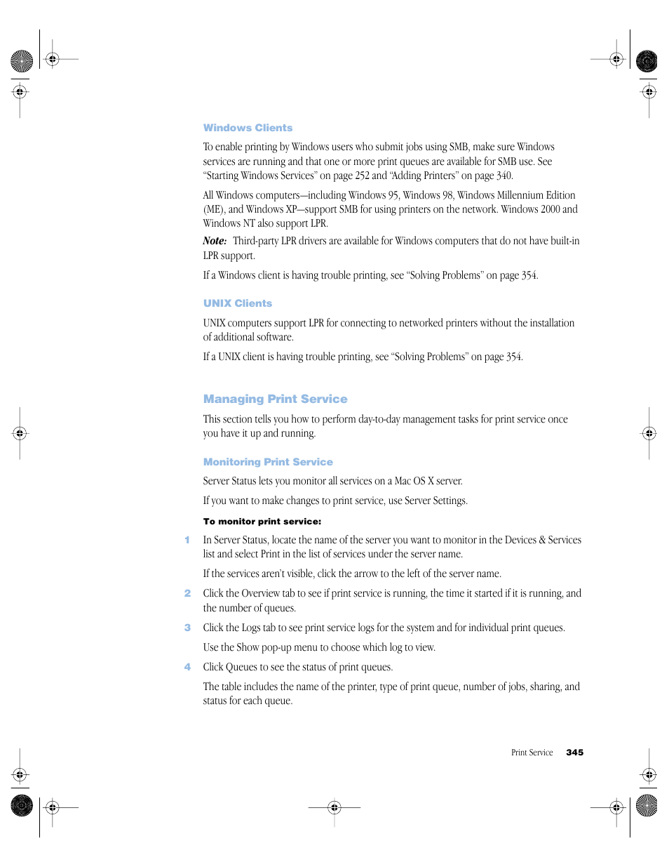 Windows clients, Unix clients, Managing print service | Monitoring print service, Managing print service 345 | Apple Mac OS X Server (version 10.2.3 or later) User Manual | Page 345 / 690