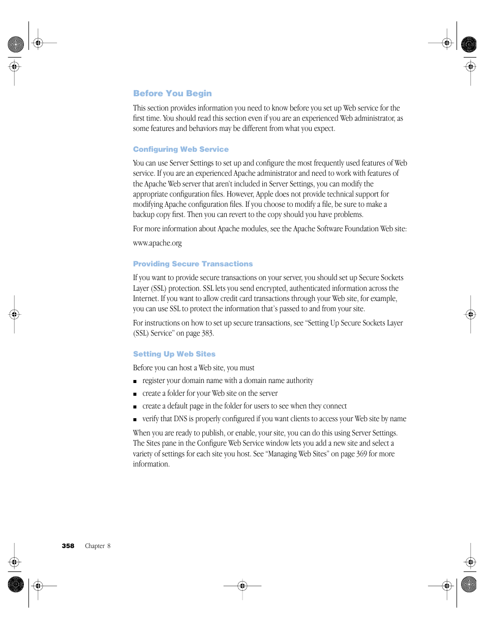 Before you begin, Configuring web service, Providing secure transactions | Setting up web sites, Before you begin 358 | Apple Mac OS X Server (version 10.2.3 or later) User Manual | Page 358 / 690