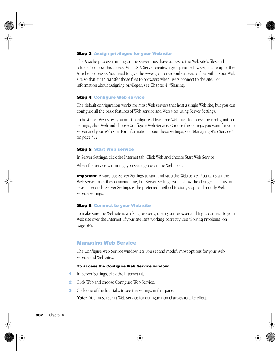 Step 3: assign privileges for your web site, Step 4: configure web service, Step 5: start web service | Step 6: connect to your web site, Managing web service, Managing web service 362 | Apple Mac OS X Server (version 10.2.3 or later) User Manual | Page 362 / 690