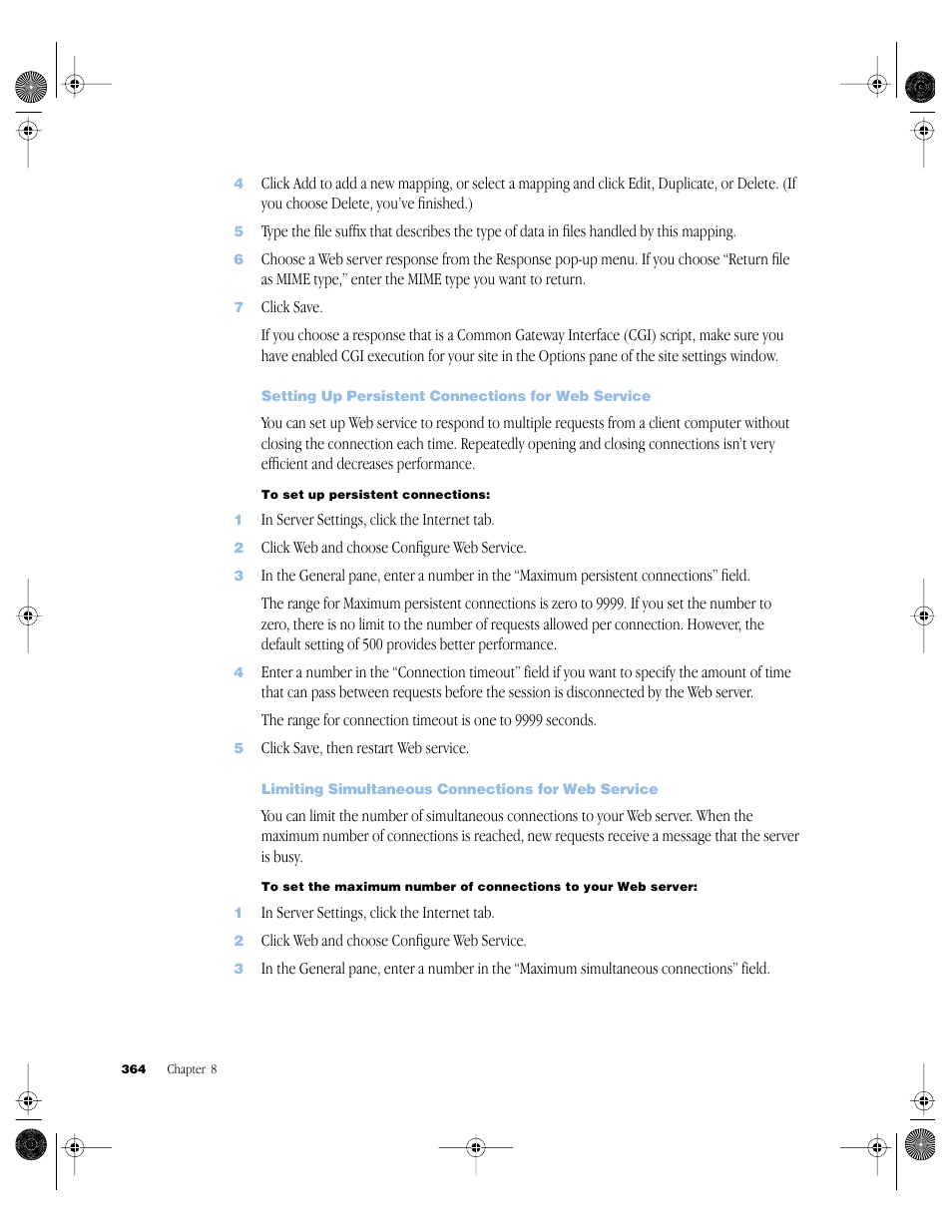 Setting up persistent connections for web service, Limiting simultaneous connections for web service | Apple Mac OS X Server (version 10.2.3 or later) User Manual | Page 364 / 690