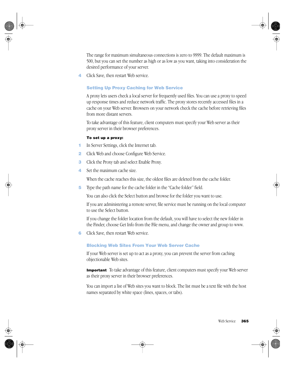 Setting up proxy caching for web service, Blocking web sites from your web server cache | Apple Mac OS X Server (version 10.2.3 or later) User Manual | Page 365 / 690